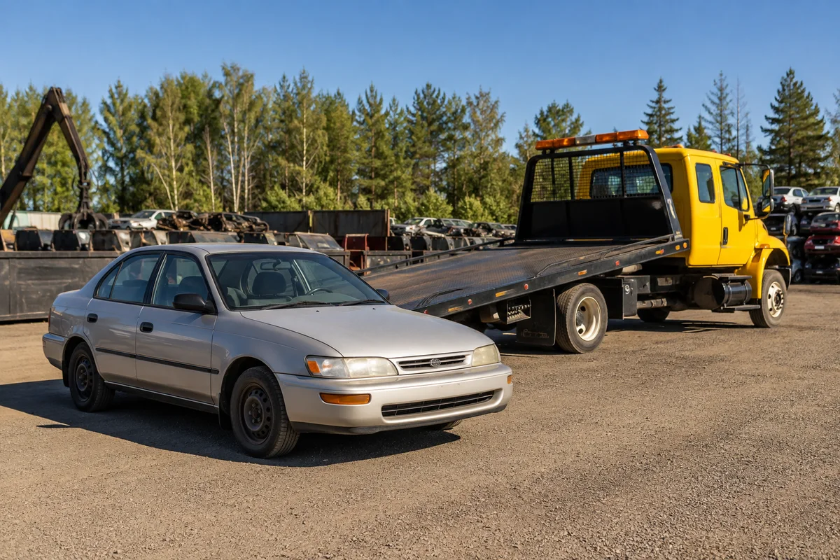 Illustrative car and tow truck at a recycling yard
