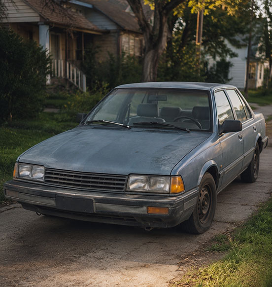 Old high-mileage car in a Calgary driveway ready to be donated and recycled