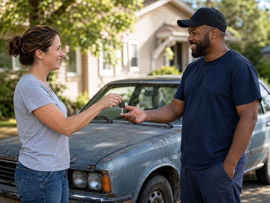 Customer handing over the keys to their old car to donate it in Calgary